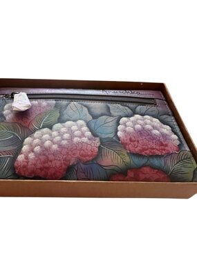 Anuschka  hand Painted Leather wallet - Pink & Green Hydrangea Design